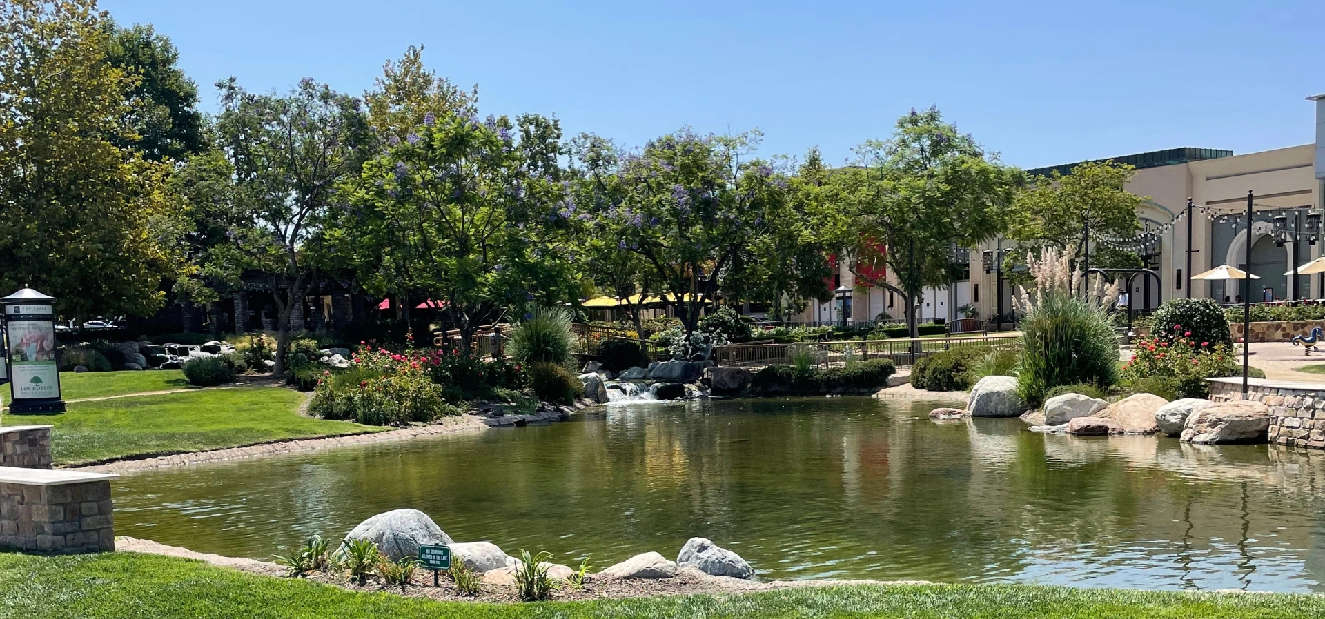 Park with pond, trees, and buildings.