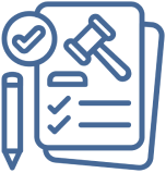 Legal checklist icon with gavel and pen.